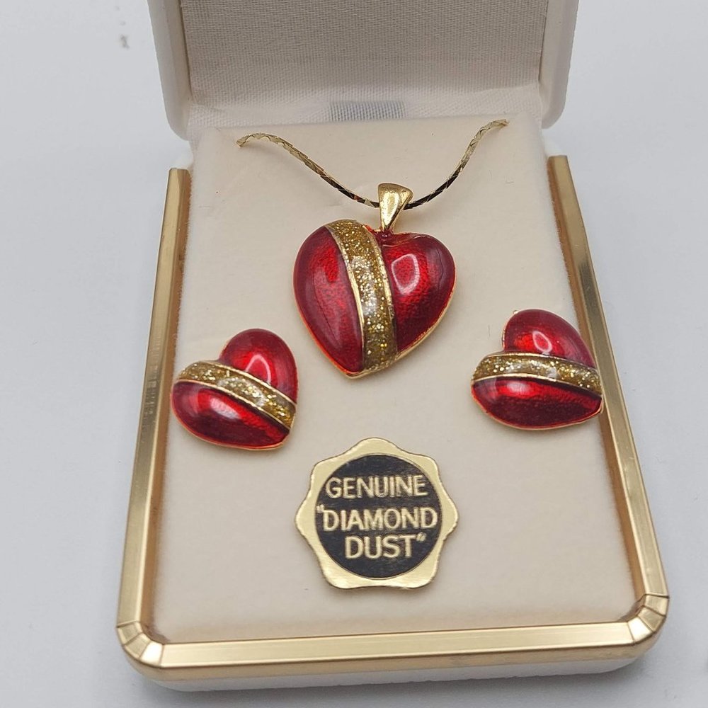 Red and Gold Heart Diamond Dust Necklace and Earring Set Marquis Collection